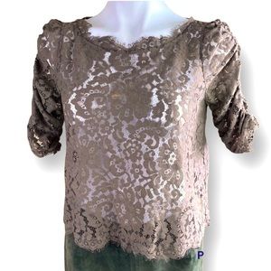 Joie Lace Taupe Lace Short Rushed Sleeve Brown Top Blouse Size XS